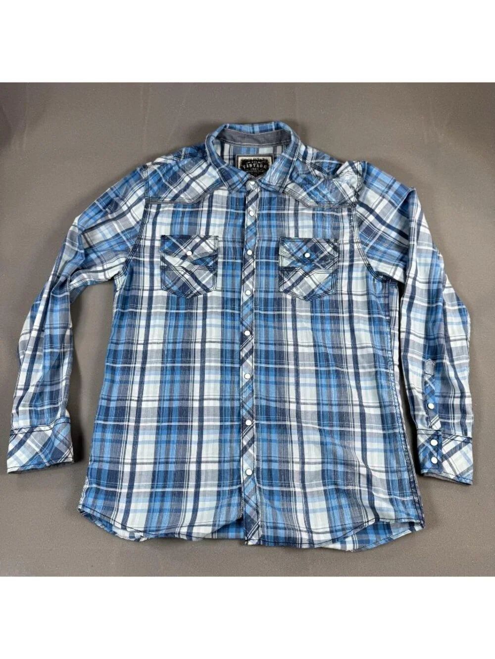 BKE Vintage Shirt Mens Size XL Blue Plaid Western Snap Button Casual Long Sleeve